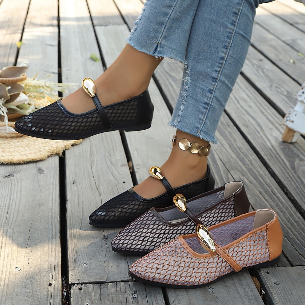 Mesh Strap Metal - Women Mesh Mary Jane Flats Pointed